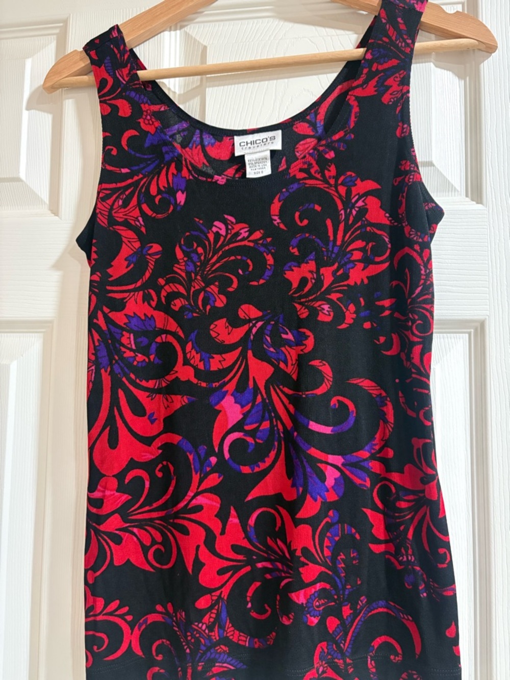 Chico's Black Tank Top with Red & Purple Floral Swirl Print